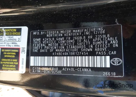 2009 Toyota Camry Le from USA, damaged, VIN 4T4BE46K19R127454
